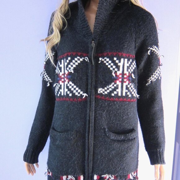 RARE TNA ARITZIA Black Wool Alpaca Shawl Collar Aztec Navajo Zip Up Sweater Coat - Picture 1 of 10